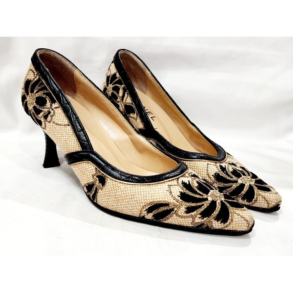 Chanel BLACK GOLD Floral Flower Fabric Wool Heel Pump 36.5 Leather Trim 6.5 Used